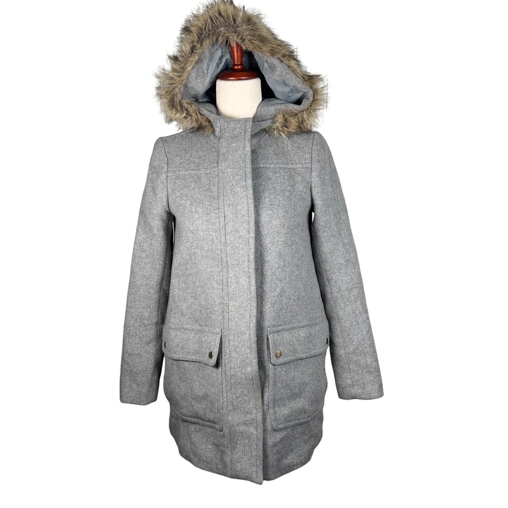 J Crew Vail Parka Gray Wool Blend Hooded Faux Fur‎ Trim Pockets 00 Pea Coat Wool